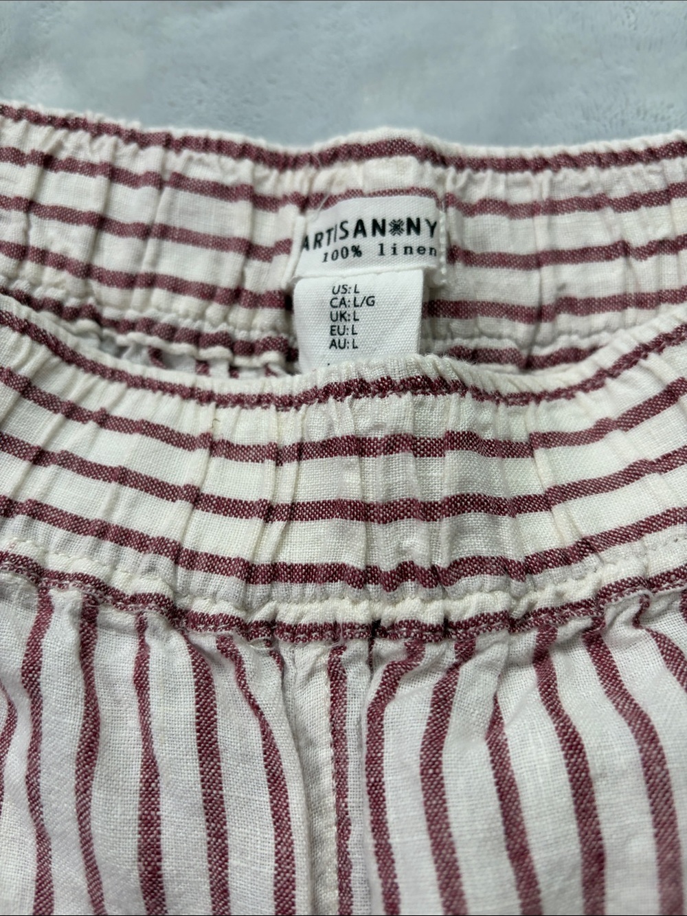 Artisan Ny Women’s Striped Linen Shorts in Burgundy and White